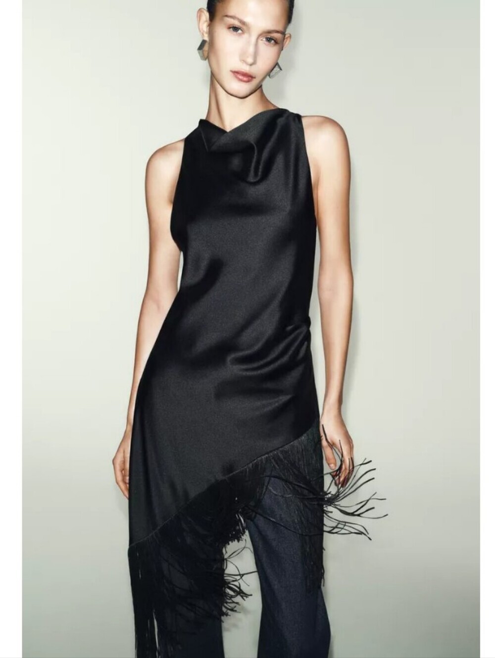 Zara Black Satin Asymmetric Fringe Crop Top